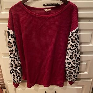 Leopard Sleeve Red Women's Top